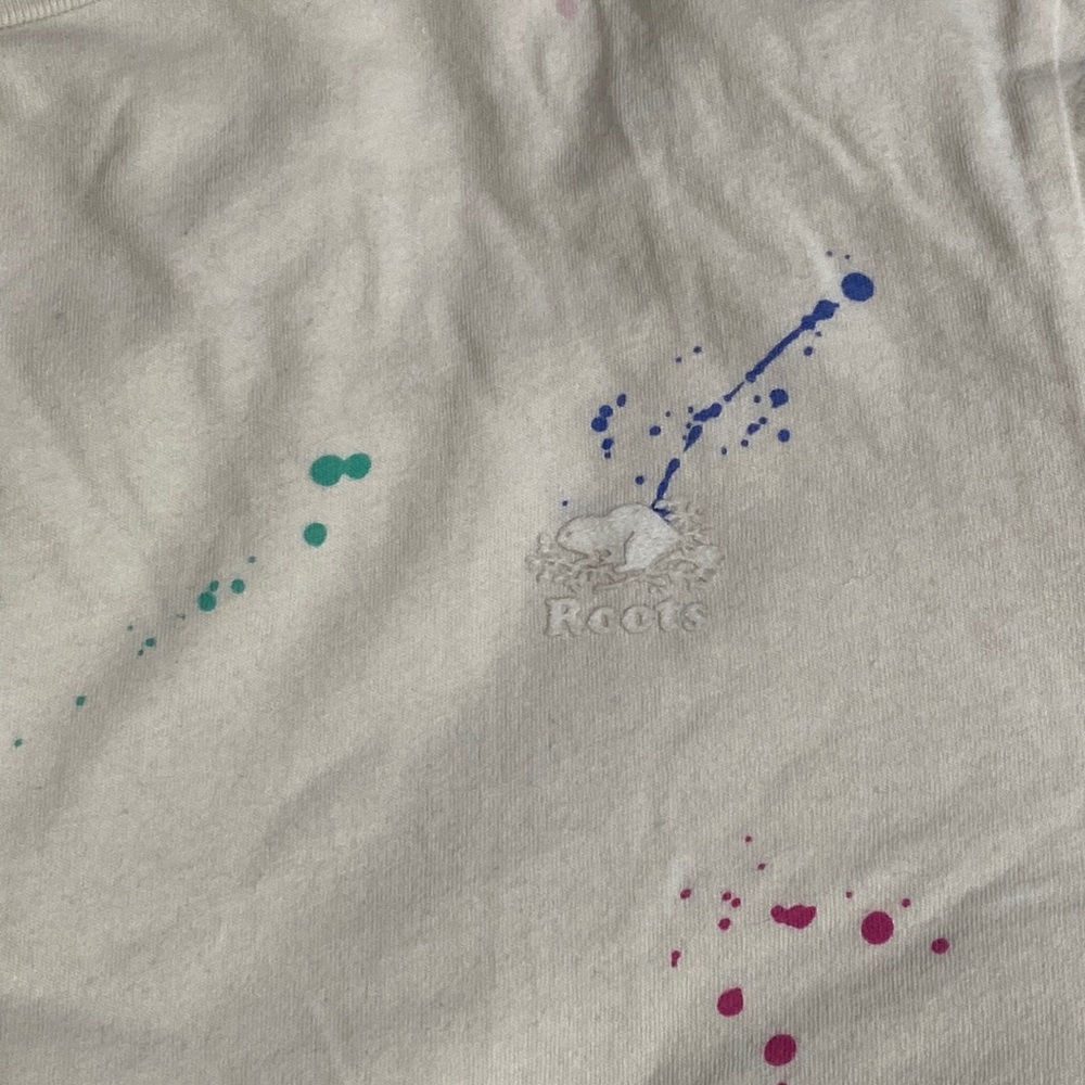 Roots off white t shirt with splatter paint